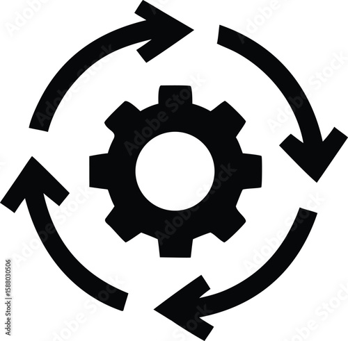 Bold black gear illustration with two thick arrow elements isolated on transparent background