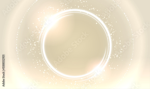 Bright Glowing Circle with Sparkling Light Particles on gold Background
