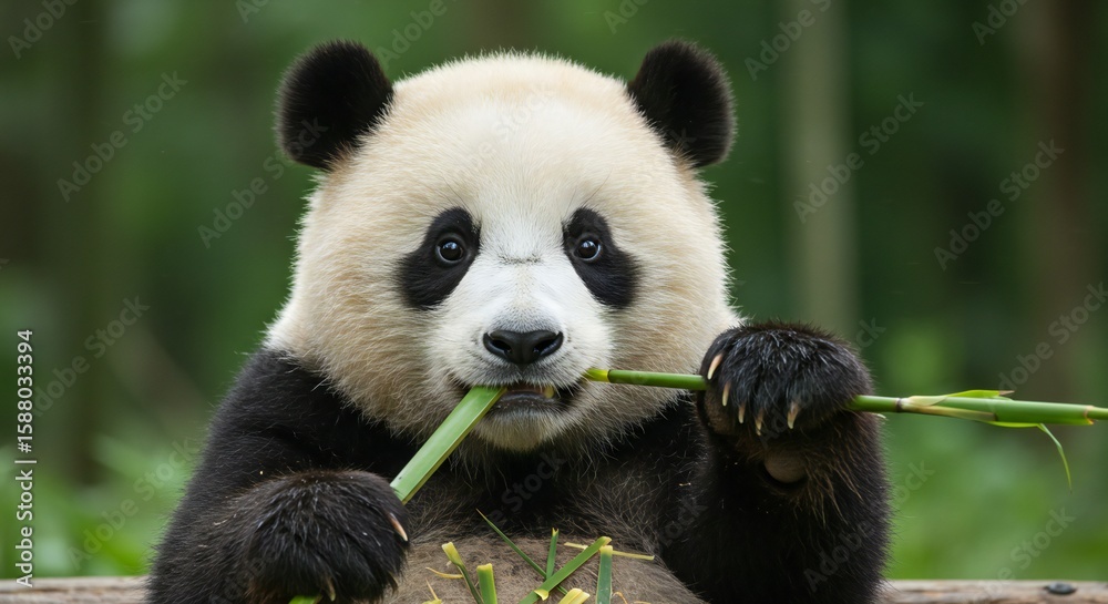 Fototapeta premium Adorable Panda Cub Enjoying Bamboo Shoot