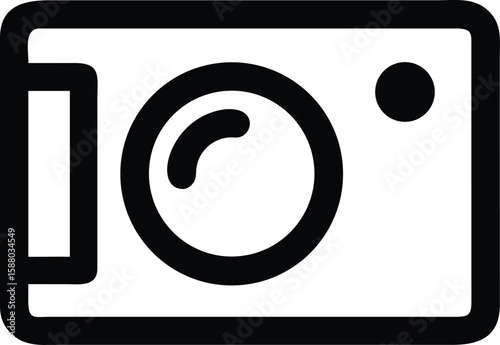 A bold black outline icon of a compact digital camera with a lens isolated on transparent background