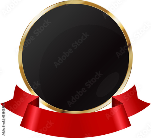 Round black element with gold frame and red ribbon. Design of the award medal coat of arms