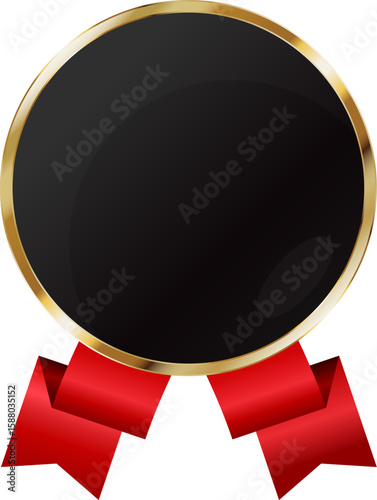 Round black badge with gold frame and red ribbon. Design of the award medal coat of arms