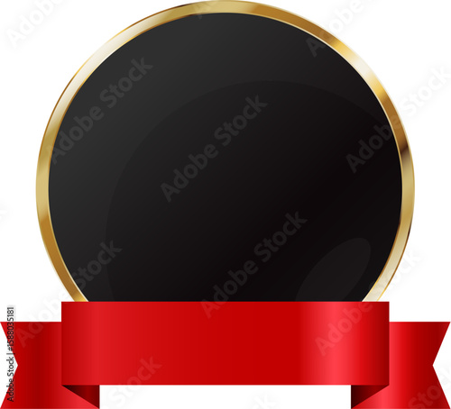 Round black banner with gold frame and red ribbon. Award medal coat of arms design