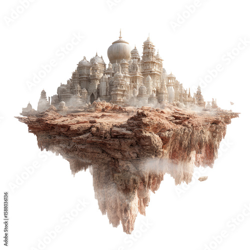 Floating white city on a brown desert island