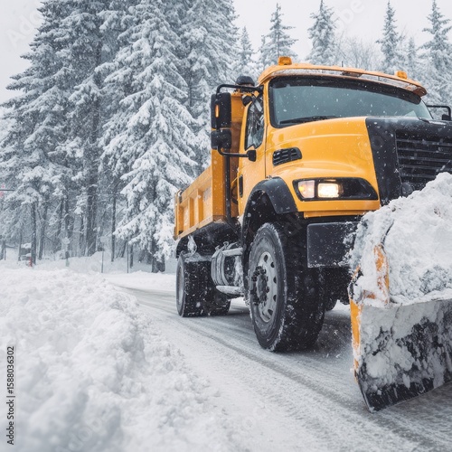 Yellow snow plow truck on snowy road