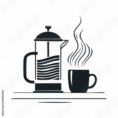Flat vector in black and white of a French press and a mug, both releasing steam in elegant, wavy lines