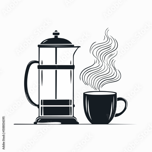 Flat vector in black and white of a French press and a mug, both releasing steam in elegant, wavy lines