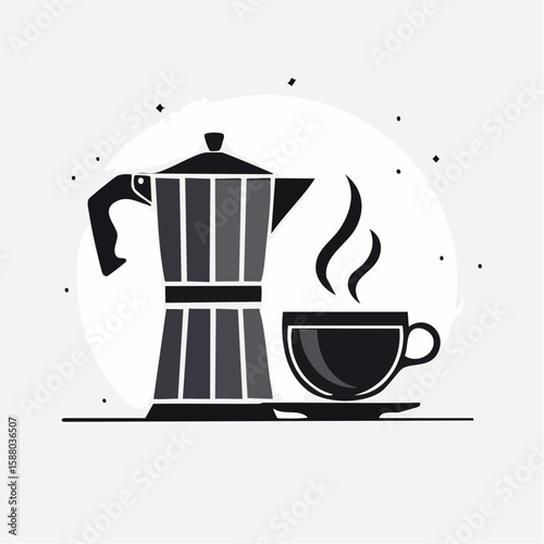 Minimalist black and white vector of a moka pot beside a cup of steaming espresso on a flat surface