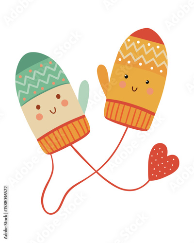 Cute pair of mittens with heart illustration, a warm and charming design for winter holidays or children's projects, perfect for decorations.
