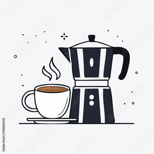 Minimalist black and white vector of a moka pot beside a cup of steaming espresso on a flat surface