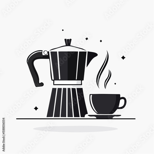 Minimalist black and white vector of a moka pot beside a cup of steaming espresso on a flat surface