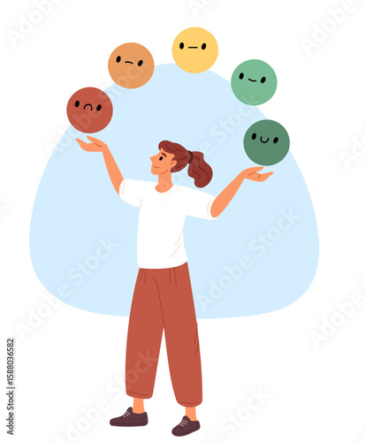 Woman juggling emoticons with different emotions. Mood management. Emotional intelligence. Emotional expressions choice. Feeling control and change. Happy and sad faces. Vector concept