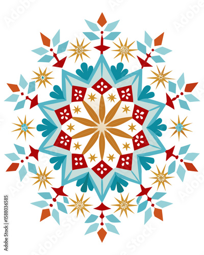 Festive geometric starburst graphic with radial symmetry showcases a colorful pattern suitable for seasonal designs and branding.
