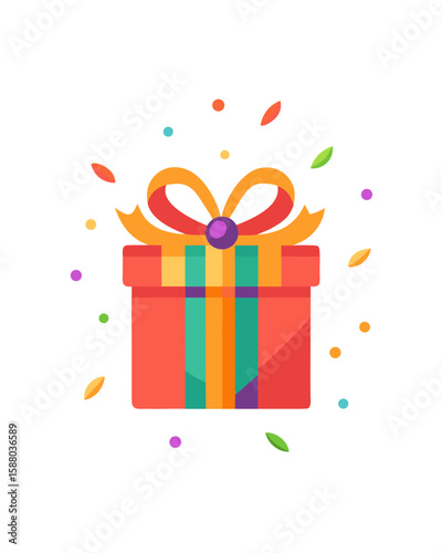 A charming gift graphic showcases a festive box with ribbons and confetti, perfect for celebratory designs and holiday-themed projects.