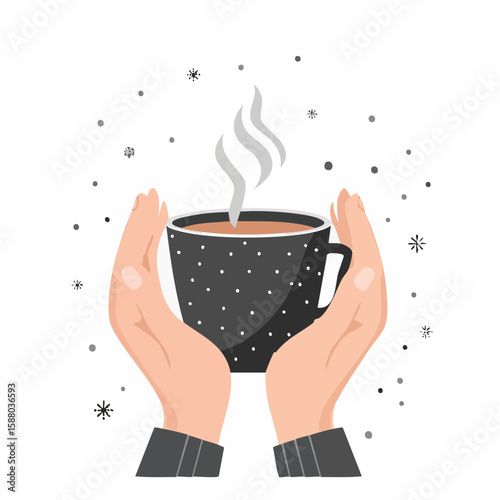 Flat vector in black and white showing two hands holding a hot tea mug, steam curling upward in a cozy design