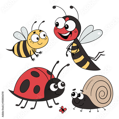 Funny cartoon bee character with cute insects and flying bugs