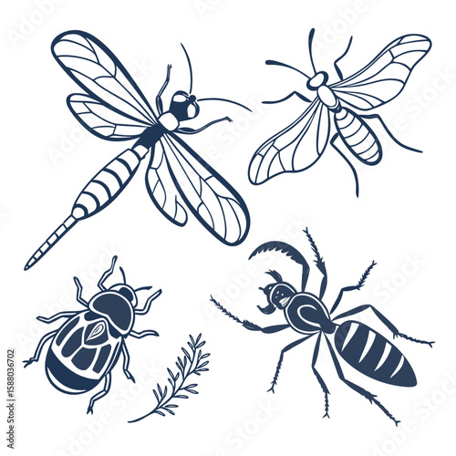 Set of insect illustrations vector collection including ant fly bug spider butterfly bee mosquito beetle dragonfly black silhouettes seamless pattern design
