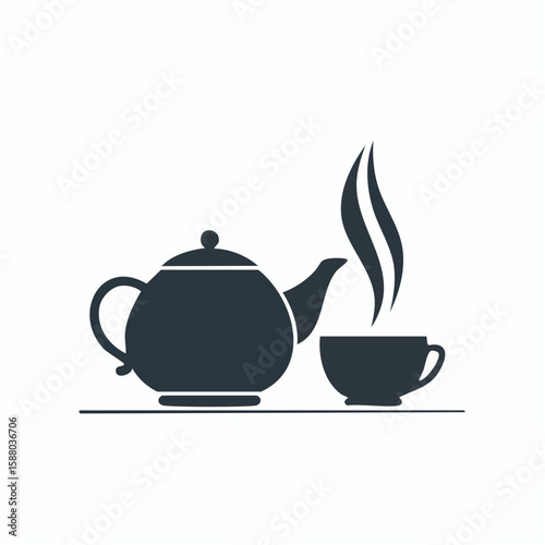 Flat vector of a classic teapot and teacup with rising steam, in silhouette style with clean lines