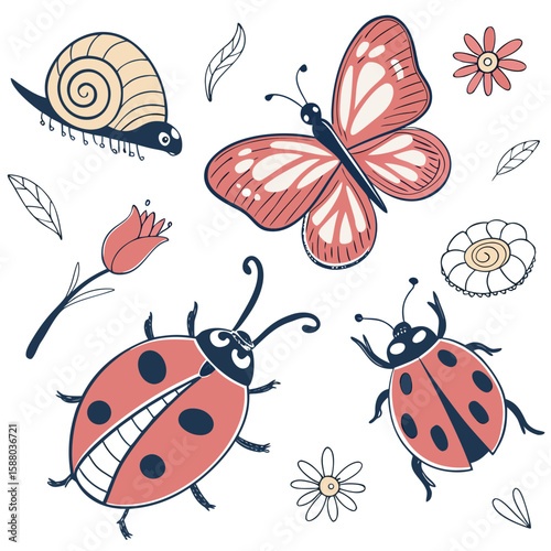 Set of Cute Ladybugs and a Ladybug on a Flower Illustration