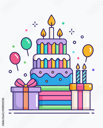 Celebratory cake design with gift boxes and balloons, perfect for creating birthday party decorations or invitation cards with a joyful and festive theme.