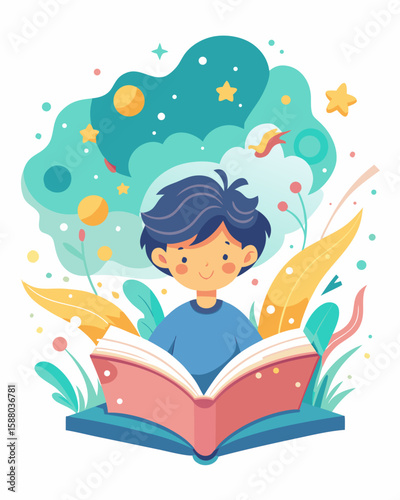 Charming design features a child reading an open book amidst stars, suitable for educational or children's book related projects.