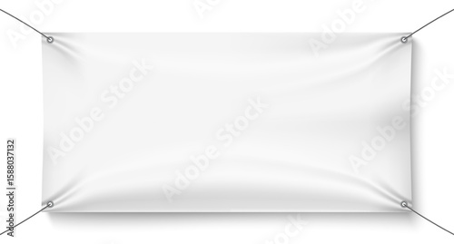 Realistic horizontal canvas on ropes. Banner mockup for advertising. Stretched rectangular cloth. Textile billboard. Material with fold texture. 3D pennant on cords. Vector background