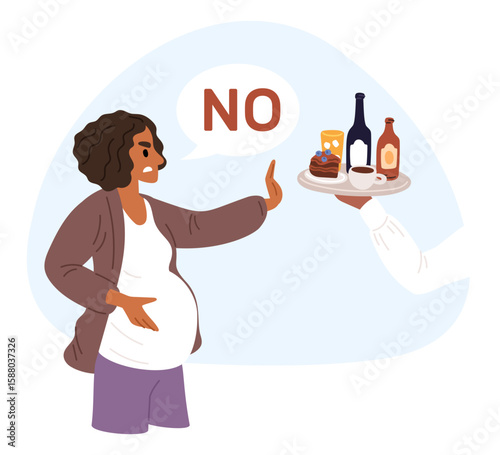 Pregnant woman says no and makes forbidding hand gesture to alcohol. Liquor or sweet cakes. Unhealthy food. Prohibited gesticulation. Booze rejection. Diet for belly mother. Vector concept