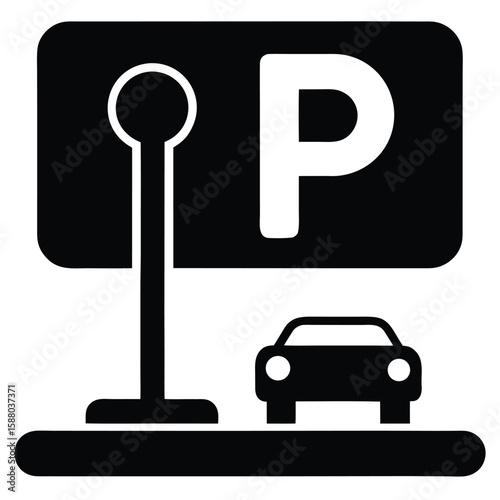 A distinct silhouette of a parking sign, isolated on white, symbolizing rules, urban traffic, and vehicle areas.