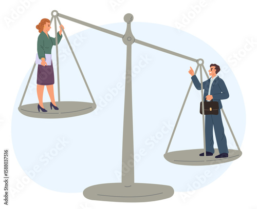 Man and woman on scales. Social inequality between sexes. Opportunities comparison. Male and female unequal payment. Rights discrimination. Gender differences comparing. Vector concept
