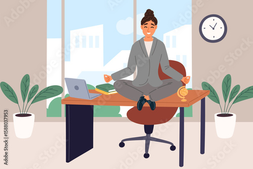 Businesswoman meditates at workplace sitting in lotus pose. Calm and focused on work. Meditation in office. Woman practicing yoga asana on work desk. Harmony balance. Vector concept