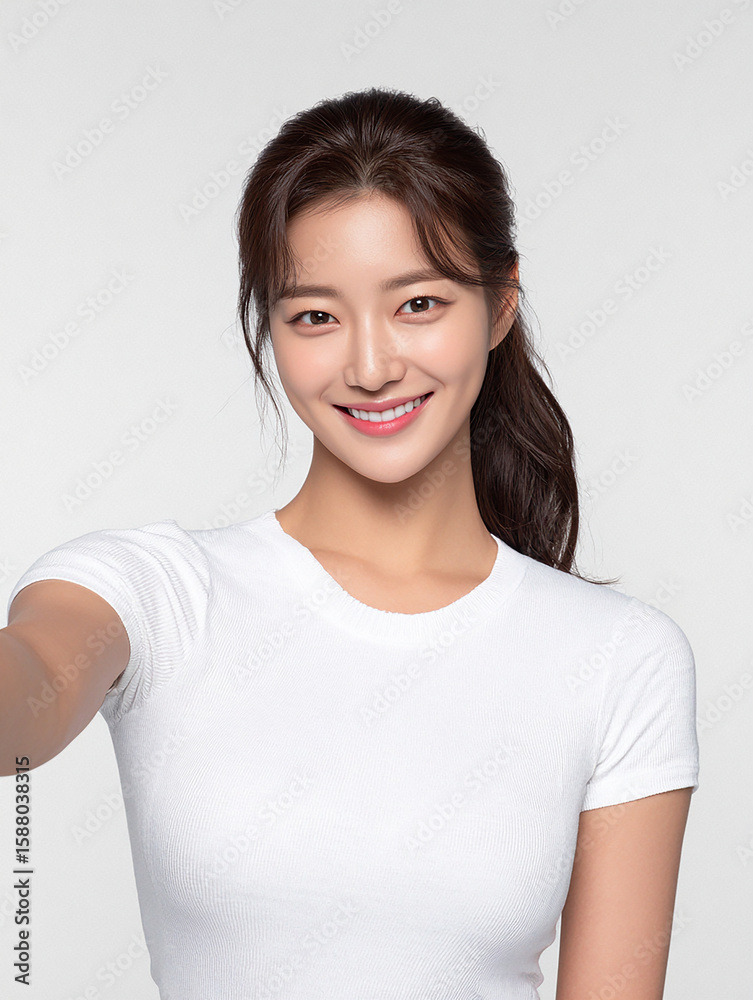 Young woman wearing white t shirt taking a selfie indoors with natural light for casual lifestyle and social media content Young woman wearing white t shirt taking a selfie indoors with natural light for casual lifestyle and social media content