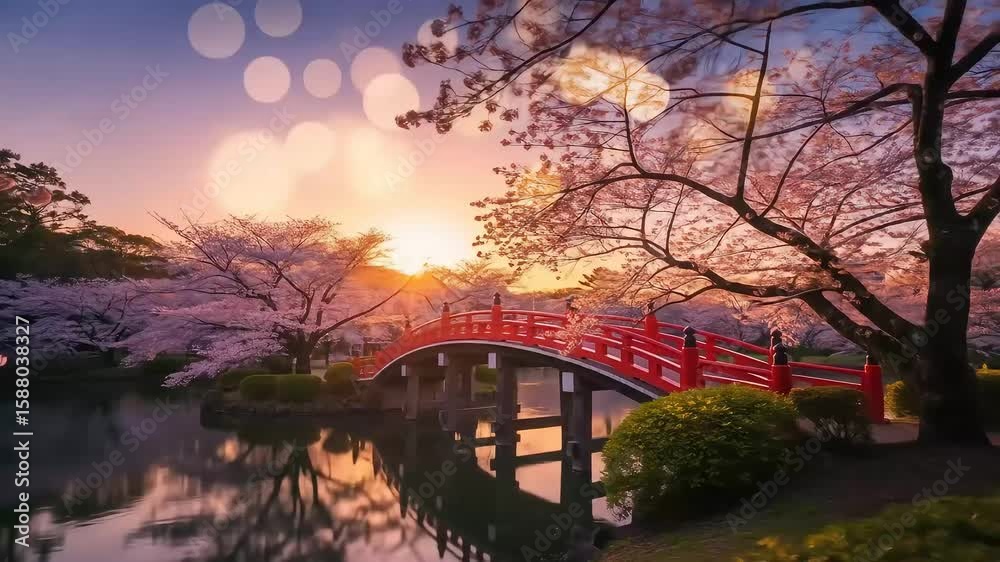 Red Bridge Among Cherry Blossoms at Sunset in Japan