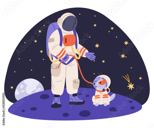 Astronaut with dog in spacesuits on new planet among stars and comets. Universe exploration. Animal cosmonaut. Moon expedition. Spacewalk explore. Astronomy science. Vector concept
