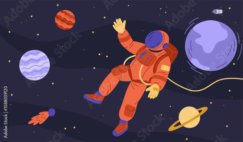 Astronaut in outer space among stars. Cosmonaut in spacesuit. Cosmic planets. Comets or meteorites. Galaxy discovery. Universe exploration. Spaceman in weightlessness. Vector concept
