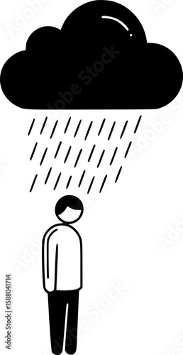 A classic symbol of emotional despair and doom. The lonely figure of a person under a personal storm cloud pouring rain reflects deep sadness and despondency.