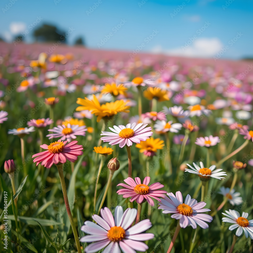 Fototapeta premium A magical flower field, close-up, with everything in focus, and the distance in the background.