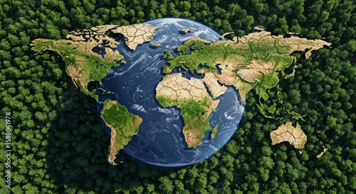 Globe Surrounded by Green Trees A Vibrant Earth Day Concept for Environmentally Friendly Initiatives and Conservation Efforts, Emphasizing Ecological Balance and a Healthy Planet for the Future photo