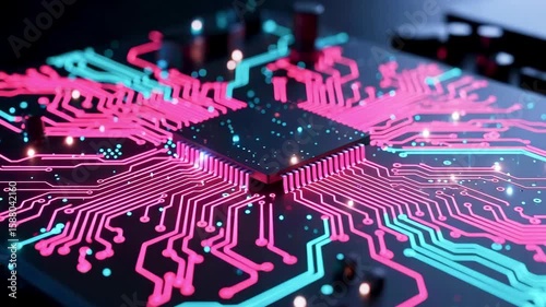 Close-up view of a vibrant circuit board with pink and blue traces, showcasing technology in a modern workspace