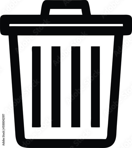 Bold black outline icon of a trash bin with a lid isolated on transparent background