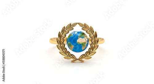 A golden ring with earth globe isolated on white background