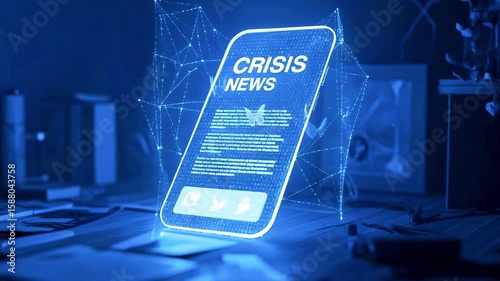 Digital smartphone displaying crisis news with holographic effects, surrounded by a modern workspace