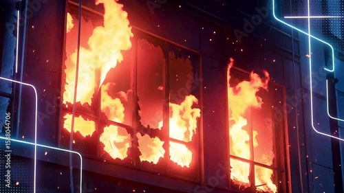 Flames engulfing a building's windows at night, creating a dramatic urban scene