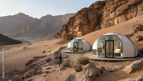 Futuristic glamping tents with bis glass windows in rocky desert or mountains
