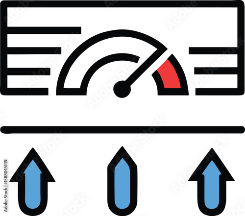 Flat vector icon of a dashboard with a left facing gauge and four decreasing elements isolated on transparent background