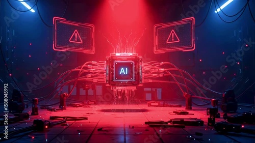 Futuristic AI Control Room with Red Lighting and Warning Signs, Surrounded by Advanced Technology