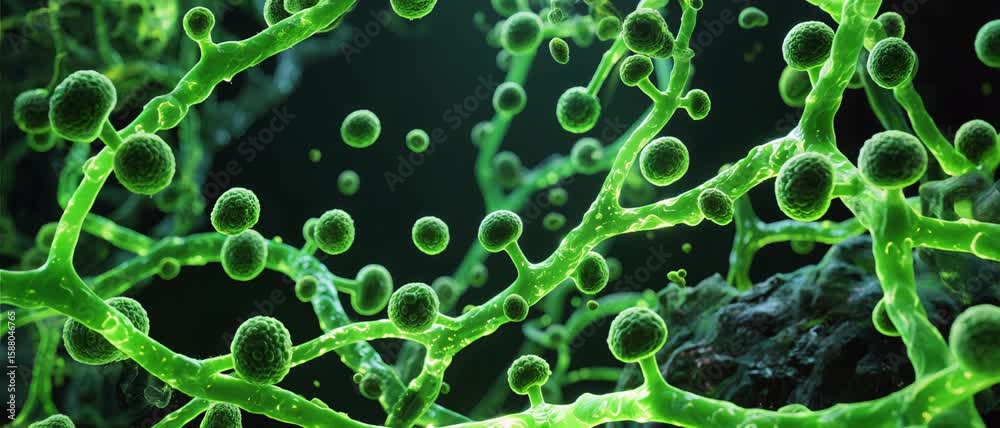 Dynamic Microscopic View of Green Fungal Growth and Cellular Structures, 3D Scientific Illustration for Biology