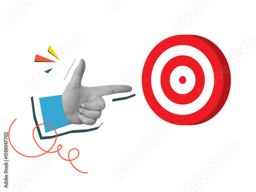 Black and white hand point to a red round target. Modern photo collage style. Illustration on transparent background