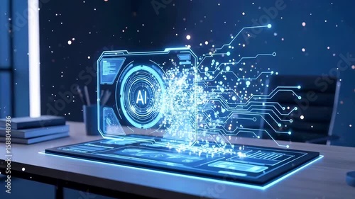 Futuristic AI hologram displaying data and circuits on a sleek desk in a modern office environment