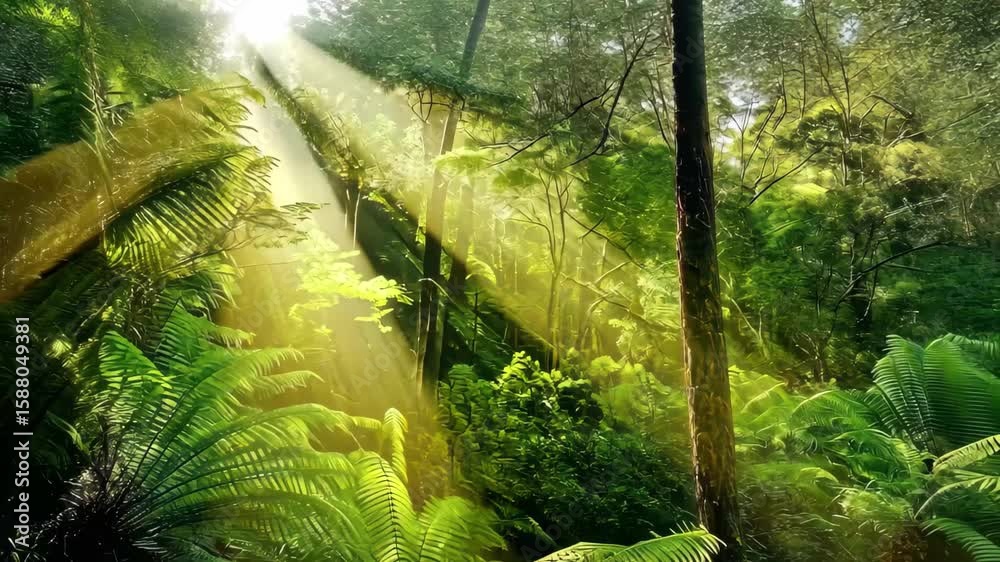Sunlight filtering through Tasmanian evergreens creates a magical forest ambiance, Sunlight through trees and leaves of Tasmania evergreen rain forest, Australia