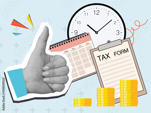 A black and white hand with thumbs up gesture and a Tax form document on a clip note with a coins, calendar and clock on background. Modern photo collage style. Vector illustration